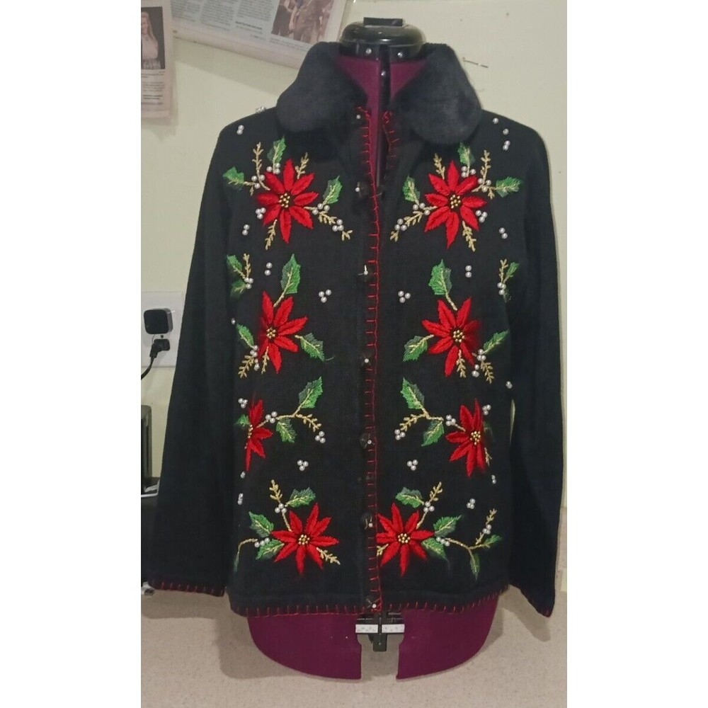 Victoria Jones Christmas cardigan sweater M beaded poinsettias removable collar
